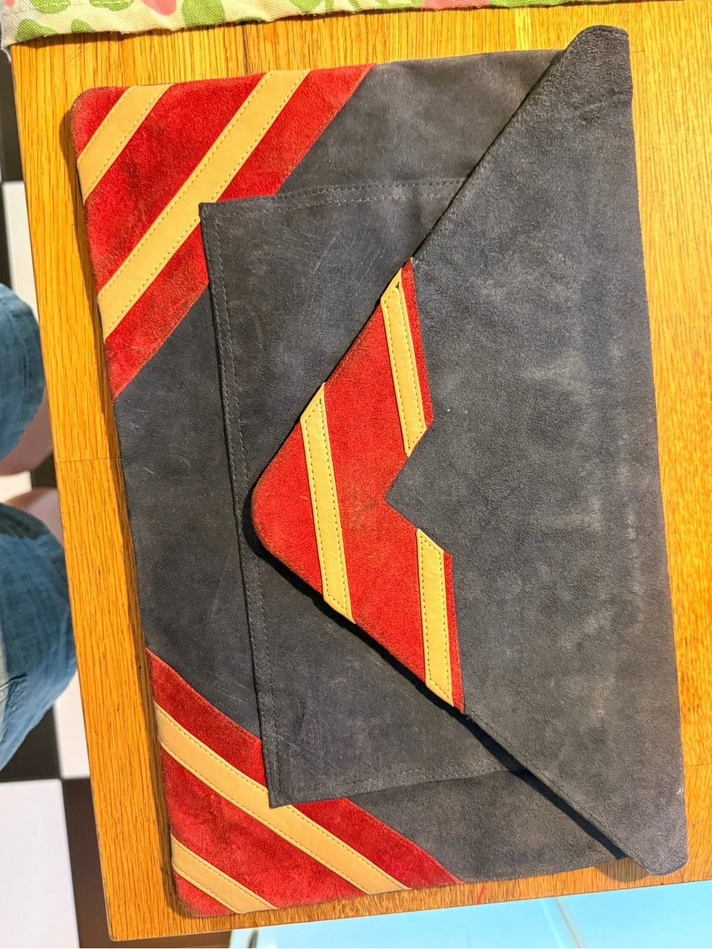 Vintage Suede Envelope Clutch in Navy, Red & Cream